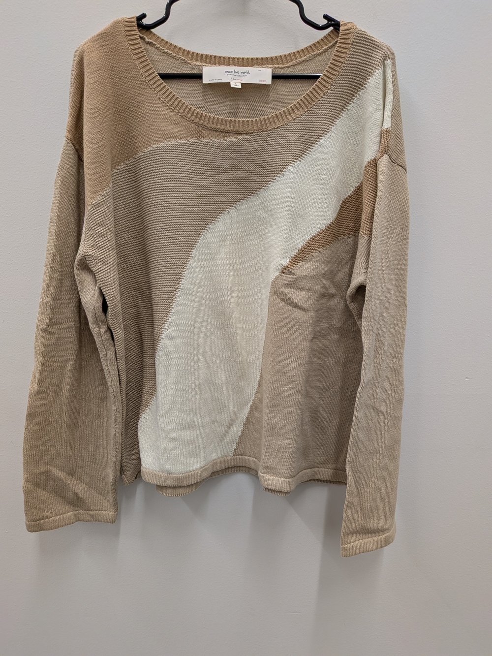 Peace Love World Boho Sweater Women Large Beige Cream Colorblock Knit Pullover C - Picture 2 of 12